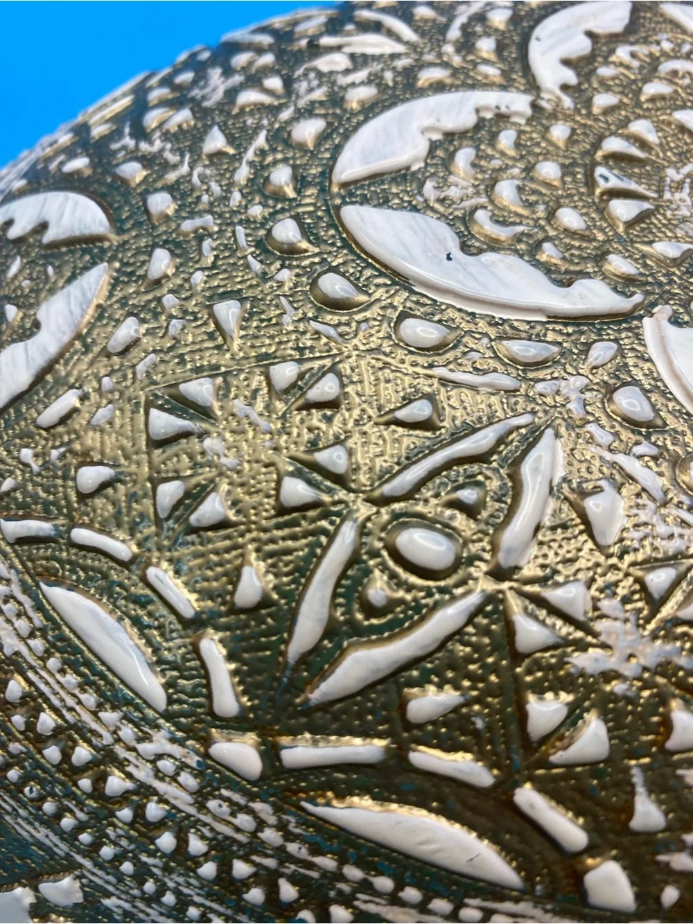 Artistic Accents Turkish Glass Oval Serving Bowl Gold Lace White Handmade 13